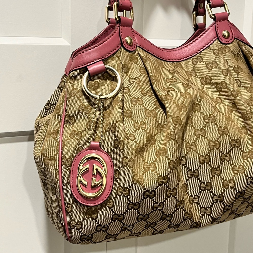 GUCCI SUKEY AUTHENTIC MEDIUM ROSE/BEIGE/BROWN CANVAS TOTE & LEATHER BAG - Picture 6 of 17